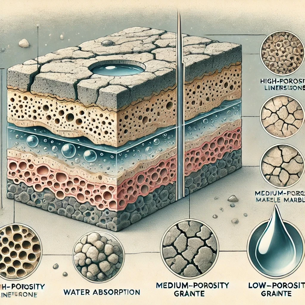 иллюстрация, показывающая влияние пористости и влагопоглощения на различные типы камня. На изображении представлены сечения известняка (высокая пористость), мрамора (средняя пористость) и гранита (низкая пористость), а также микротрещины, образующиеся при нагреве.