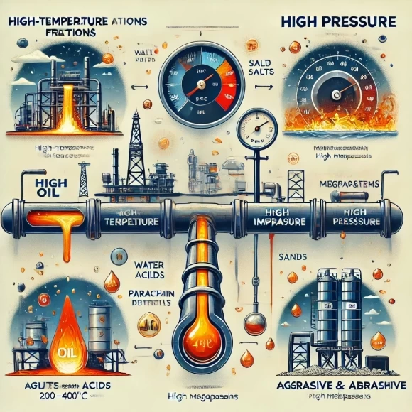 изображение, которое демонстрирует особенности нефти как рабочей среды, включая высокотемпературные фракции, высокое давление и агрессивные примеси. 