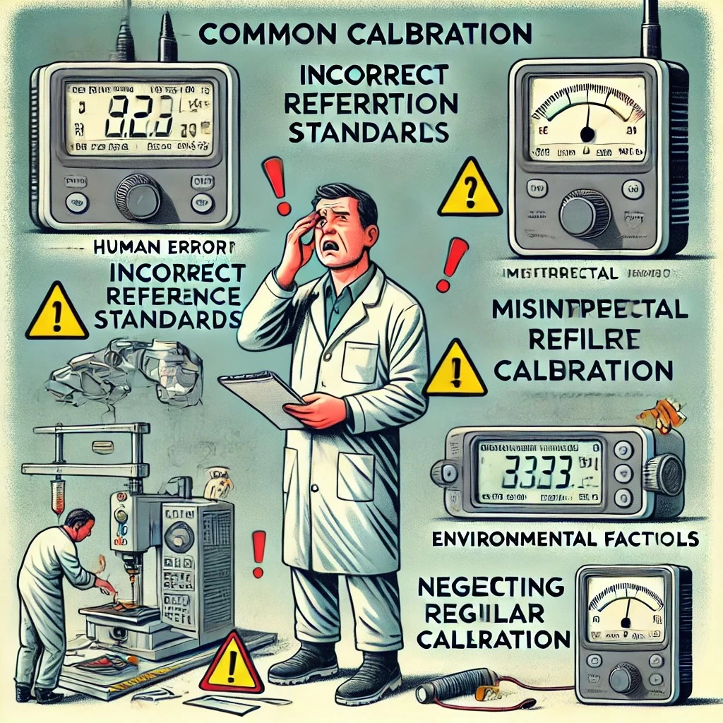 иллюстрация, демонстрирующая распространенные ошибки при калибровке оборудования. Она включает в себя визуализацию человеческих ошибок, неправильного выбора эталонов, влияния окружающей среды, неверной интерпретации данных и пренебрежения регулярной калибровкой.
