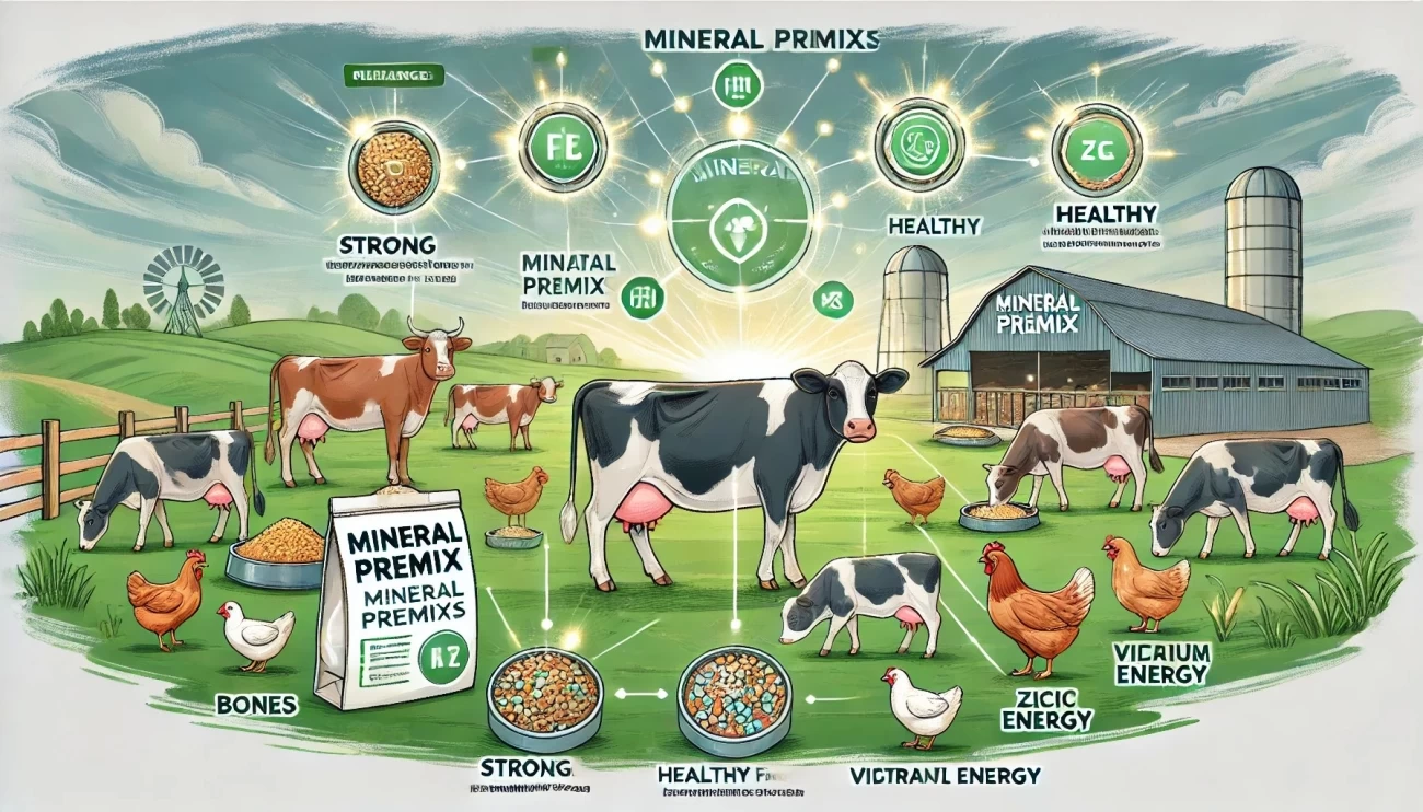 изображение, показывающее, как минеральные премиксы приносят пользу питанию животных, с активным, здоровым скотом и фермерской обстановкой, которая подчеркивает положительное влияние на производительность и здоровье животных. 