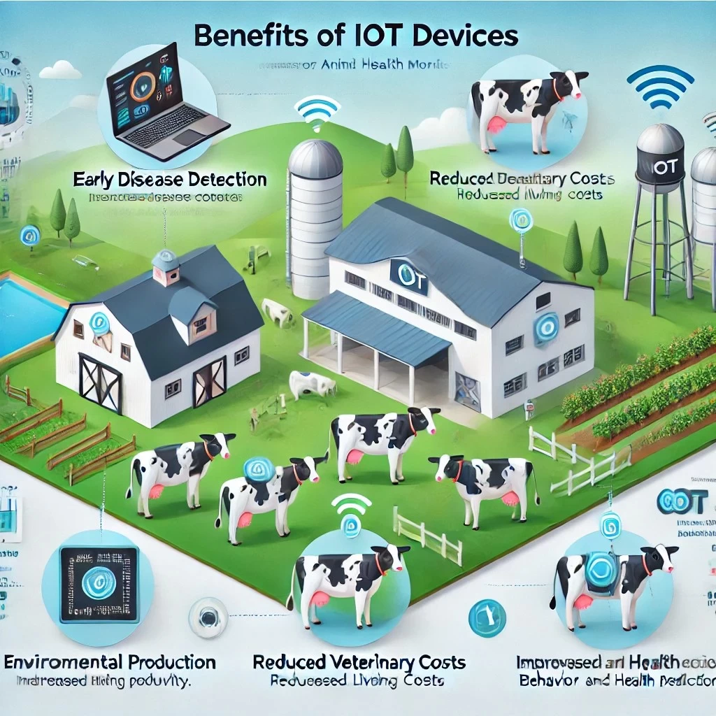 Изображение с преимуществами IoT-устройств для контроля здоровья животных создано. Оно демонстрирует ключевые аспекты, такие как раннее обнаружение заболеваний, снижение затрат на ветеринарное обслуживание, повышение продуктивности, улучшение условий содержания и прогнозирование поведения.