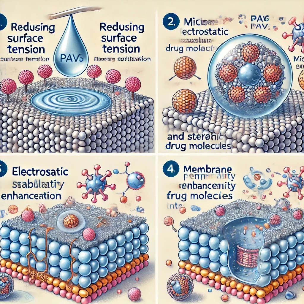 инфографика, иллюстрирующая механизмы действия ПАВ в фармацевтике. Она включает снижение поверхностного натяжения, образование мицелл, электростатическую и стерическую стабилизацию, а также изменение проницаемости мембран.