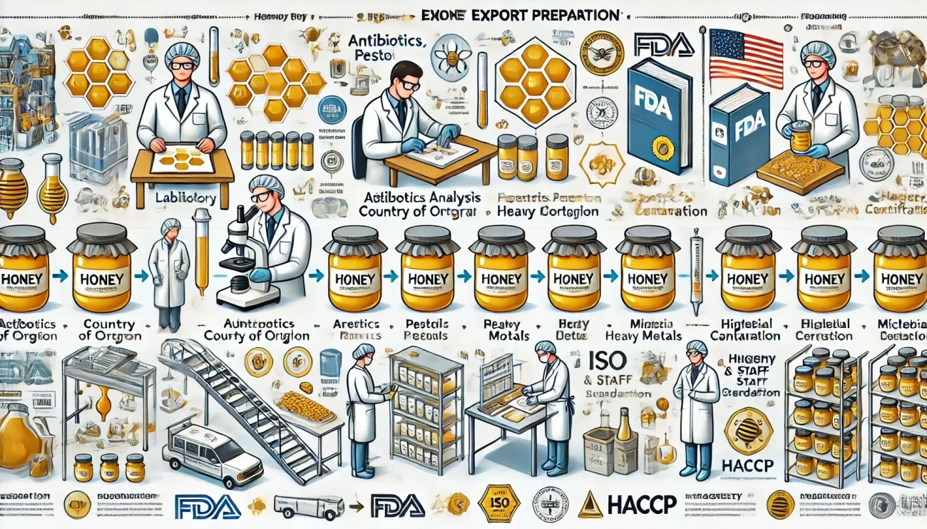 инфографика, отображающая ключевые этапы подготовки мёда для экспорта: лабораторный анализ, маркировка и упаковка, регистрация и аккредитация, а также обучение персонала и соблюдение правил гигиены. 