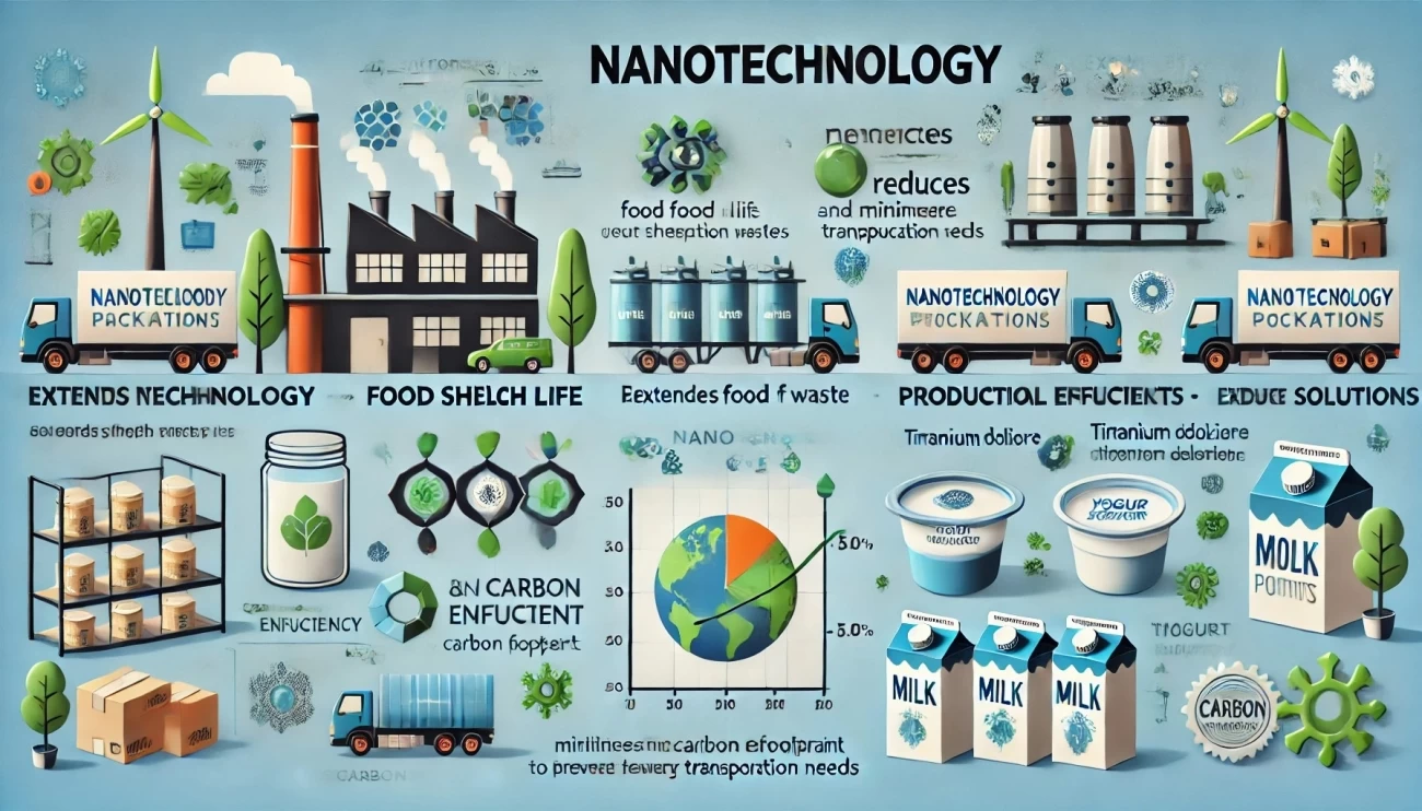 визуальное представление экологических и производственных преимуществ нанотехнологий в упаковке пищевых продуктов, а также примеры инновационных приложений