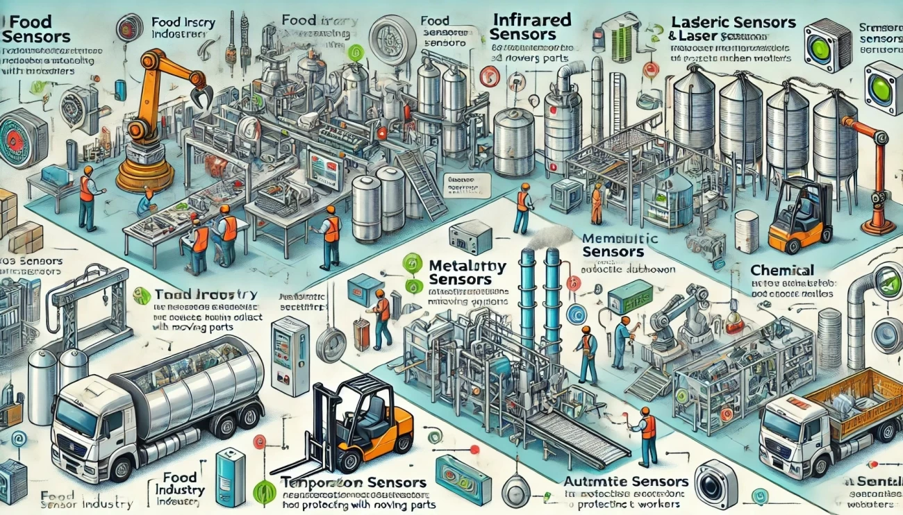 инфографика, иллюстрирующая применение датчиков в различных отраслях промышленности, в каждом разделе которой выделены конкретные датчики и функции безопасности в секторах пищевой, металлургической, химической и логистической промышленности.