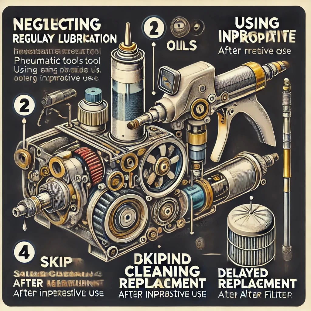 Изображение, отображающее частые ошибки при уходе за пневмоинструментами. Оно разделено на четыре секции, каждая из которых визуализирует конкретную проблему: пренебрежение смазкой, использование неподходящих масел, пропуск чистки и несвоевременная замена фильтров.