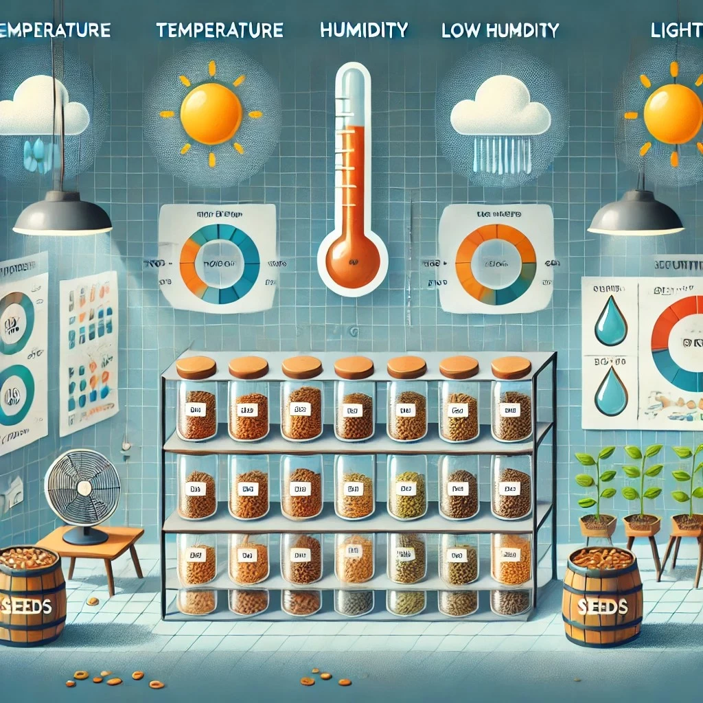 иллюстрация, демонстрирующая сохранение семян с указанием ключевых факторов: температуры, влажности и света. Левая часть показывает оптимальные условия хранения, а правая — нарушения, которые приводят к ухудшению качества семян