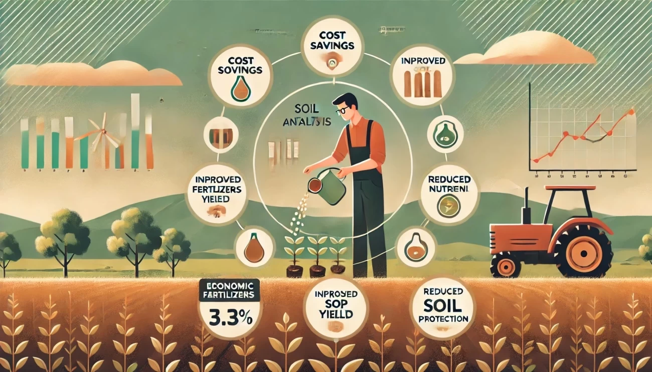 Изображение иллюстрирует экономические и экологические преимущества применения удобрений на основе анализа почвы, показывая точное внесение и улучшение урожайности. 