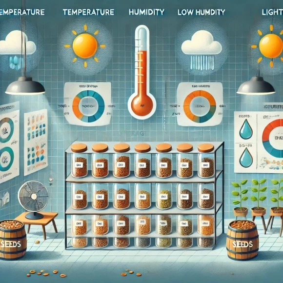 иллюстрация, демонстрирующая сохранение семян с указанием ключевых факторов: температуры, влажности и света. Левая часть показывает оптимальные условия хранения, а правая — нарушения, которые приводят к ухудшению качества семян