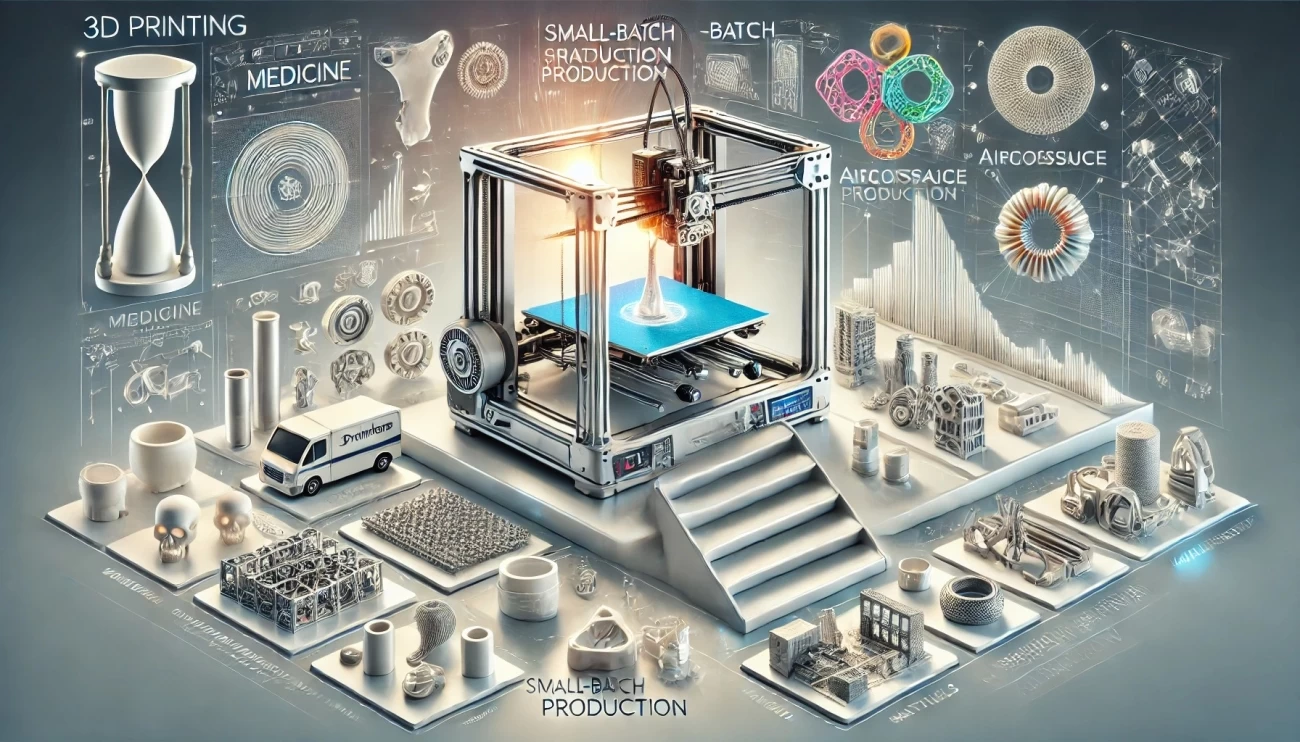 изображение, демонстрирующее гибкость и возможности мелкосерийного производства 3D-печати в различных отраслях. Оно включает элементы, представляющие медицинские, аэрокосмические и дизайнерские приложения, с современной технической эстетикой, которая подчеркивает адаптивность различных технологий 3D-печати. 