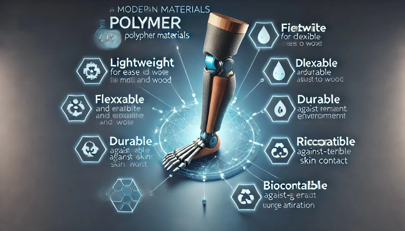иллюстрация, демонстрирующая преимущества полимерных материалов в протезировании. Изображение наглядно демонстрирует особенности современных полимеров, такие как легкая конструкция, гибкость, долговечность, устойчивость к воздействию окружающей среды и биосовместимость, что делает его идеальным для комфортного и долгосрочного использования в протезировании. 