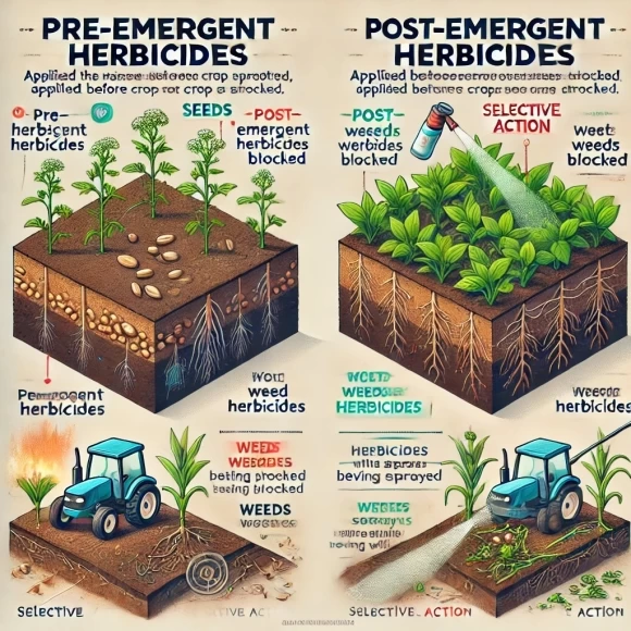 иллюстрацию, которая визуально объясняет основные типы гербицидов: довсходовые и послевсходовые.