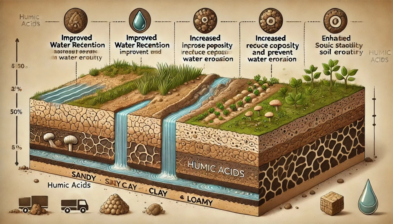 изображение, показывающее, как гуминовые кислоты помогают решить специфические проблемы эрозии в разных типах почв: песчаных, глинистых и суглинистых. Каждая секция демонстрирует улучшенные характеристики, такие как водоудержание, пористость и устойчивость.