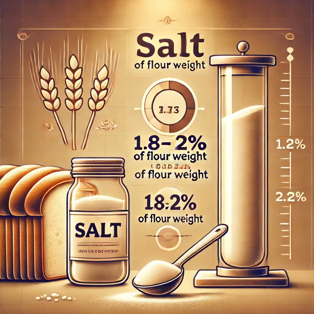 изображение, иллюстрирующее оптимальную дозировку соли в хлебопечении. Оно включает буханку хлеба, мерную ложку с солью и шкалу, показывающую рекомендуемое содержание соли (1,8–2,2% от массы муки). Такой баланс помогает достичь идеального вкуса и текстуры.