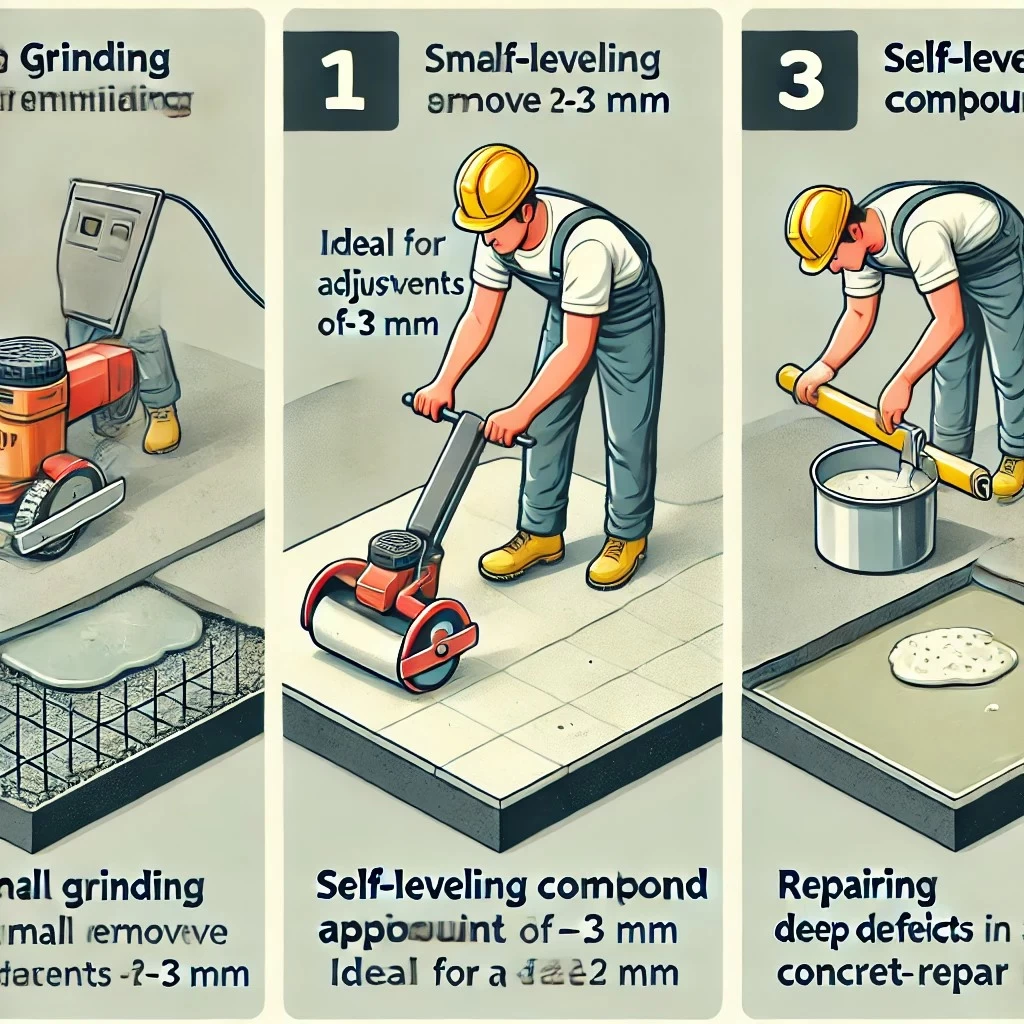Изображение с тремя методами выравнивания бетонной поверхности