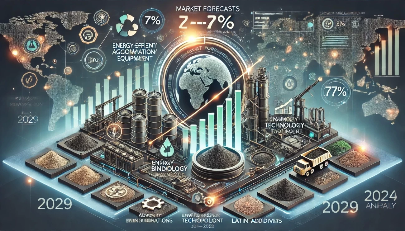 инфографика с прогнозами на 2024-2029 годы по рынку агломерационного оборудования. Она включает основные тенденции роста, региональные изменения, инновации в материалах и поддержку со стороны государства.