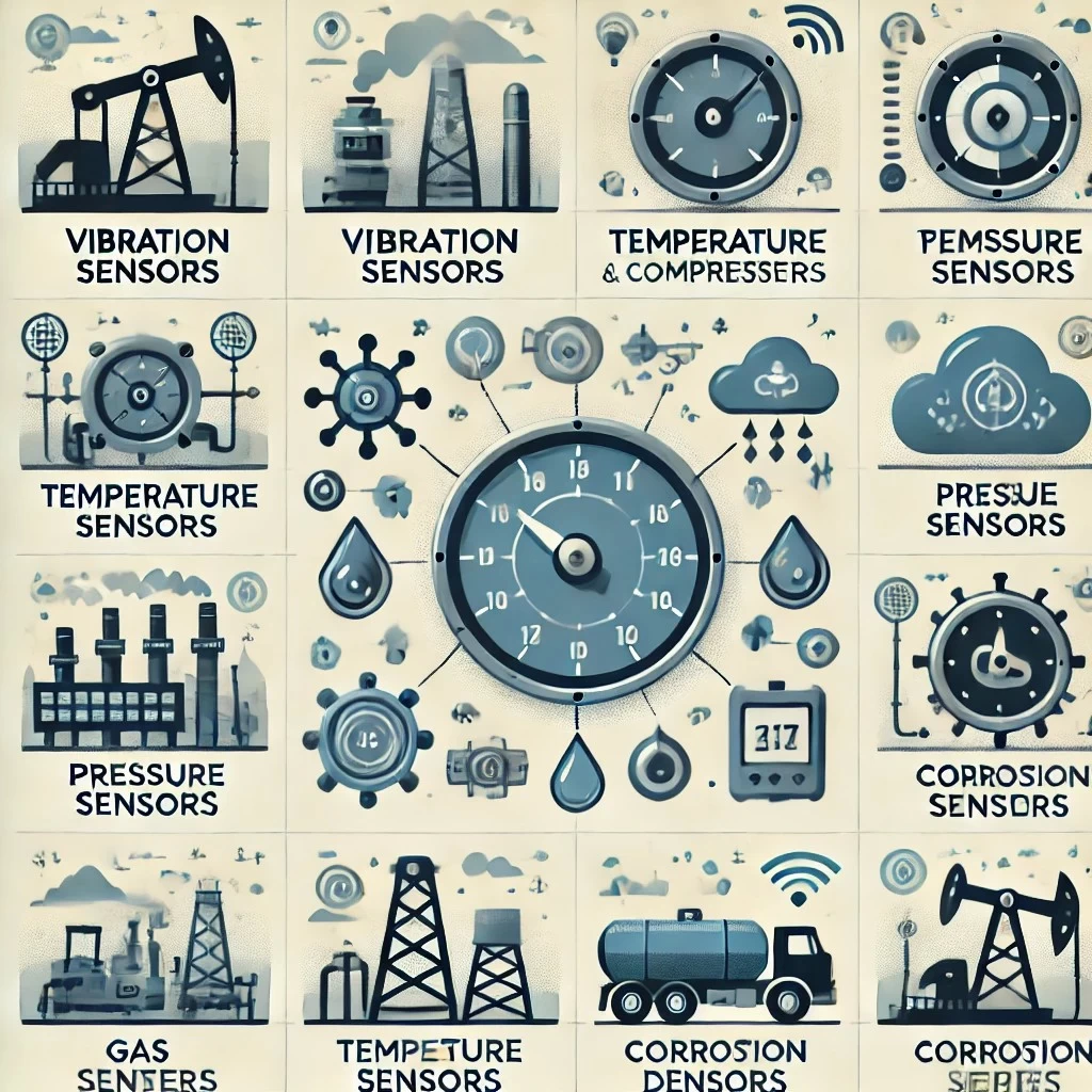 изображение, иллюстрирующее основные типы сенсоров и IoT-устройств, используемых в нефтегазовой отрасли. 