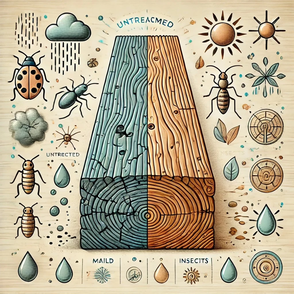 Изображение, демонстрирующее контраст между обработанной и необработанной древесиной. Оно иллюстрирует, как антисептики защищают дерево от вредителей, плесени и погодных воздействий.