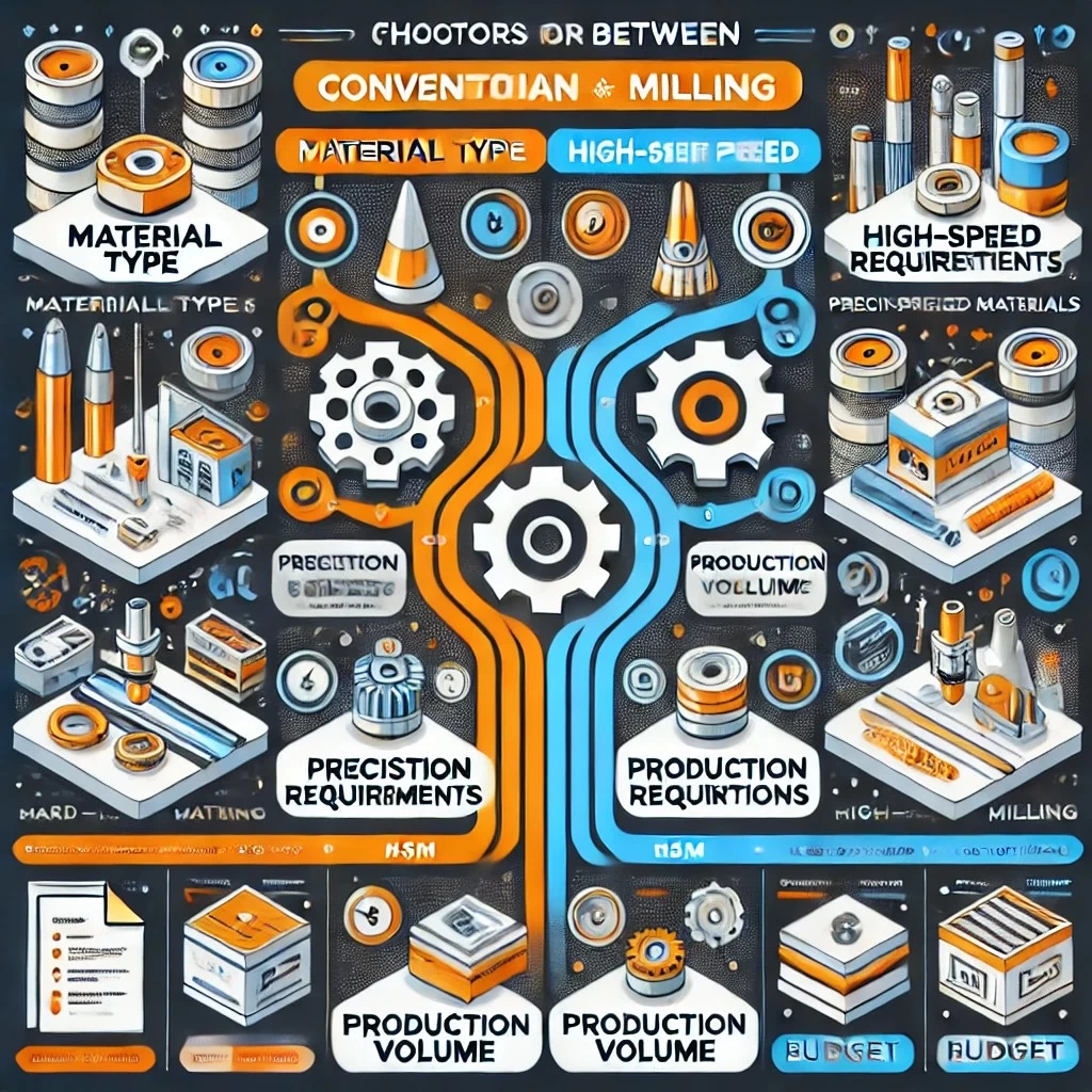 На изображении представлена сравнительная диаграмма, которая иллюстрирует ключевые факторы выбора между конвенциональным и высокоскоростным фрезерованием для оптимальной производительности.