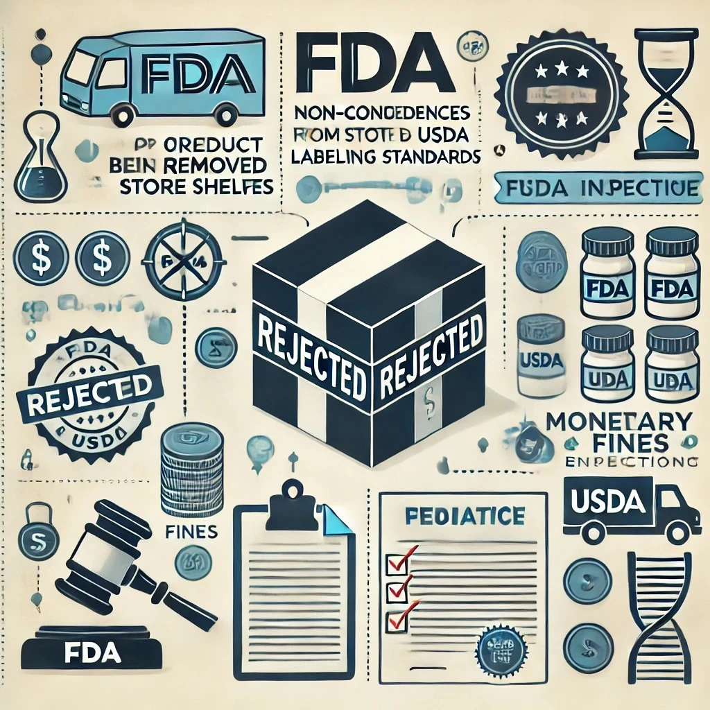 изображение в стиле инфографики, иллюстрирующее последствия несоблюдения стандартов маркировки FDA и USDA, включая изъятие продукта, штрафы и юридическую ответственность.