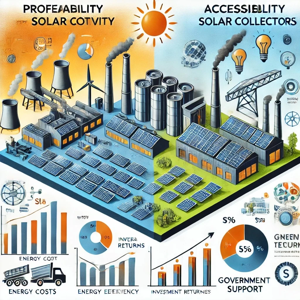 Изображение иллюстрирует концепцию рентабельности и доступности солнечных коллекторов в промышленности. 
