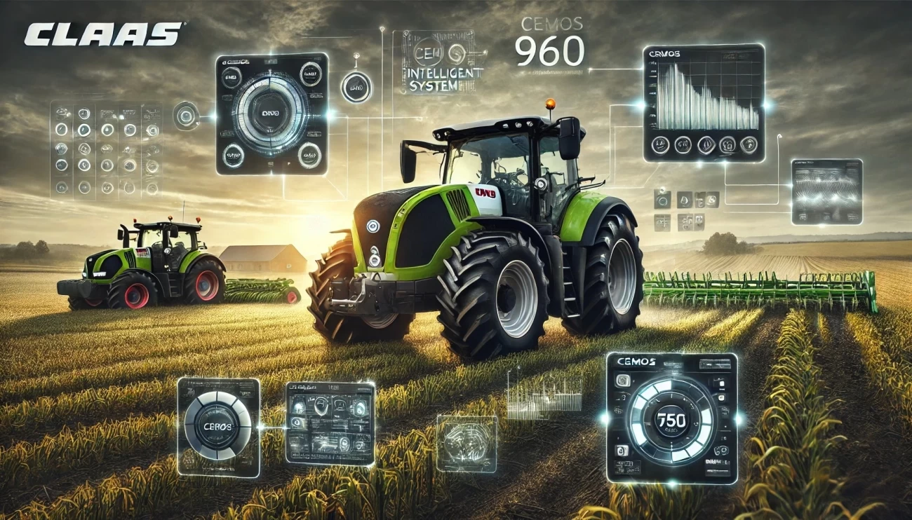 изображение трактора Claas Axion 960 с интеллектуальной системой управления Cemos, которая оптимизирует работу двигателя и трансмиссии для повышения производительности и экономии топлива.