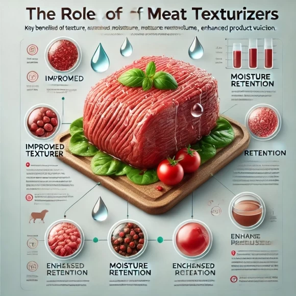 инфографика, визуализирующая преимущества текстуризаторов мяса, подчеркивающая, как они улучшают текстуру, повышают сочность, сохраняют влагу и увеличивают объем продукта