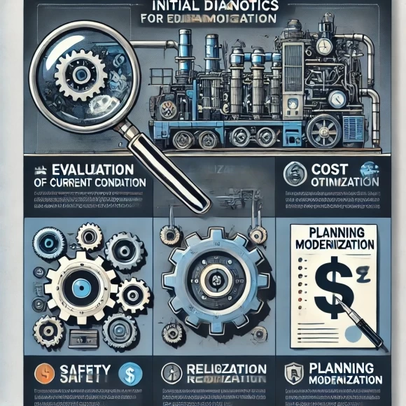 На изображении представлены элементы, символизирующие ключевые аспекты начальной диагностики оборудования перед модернизацией