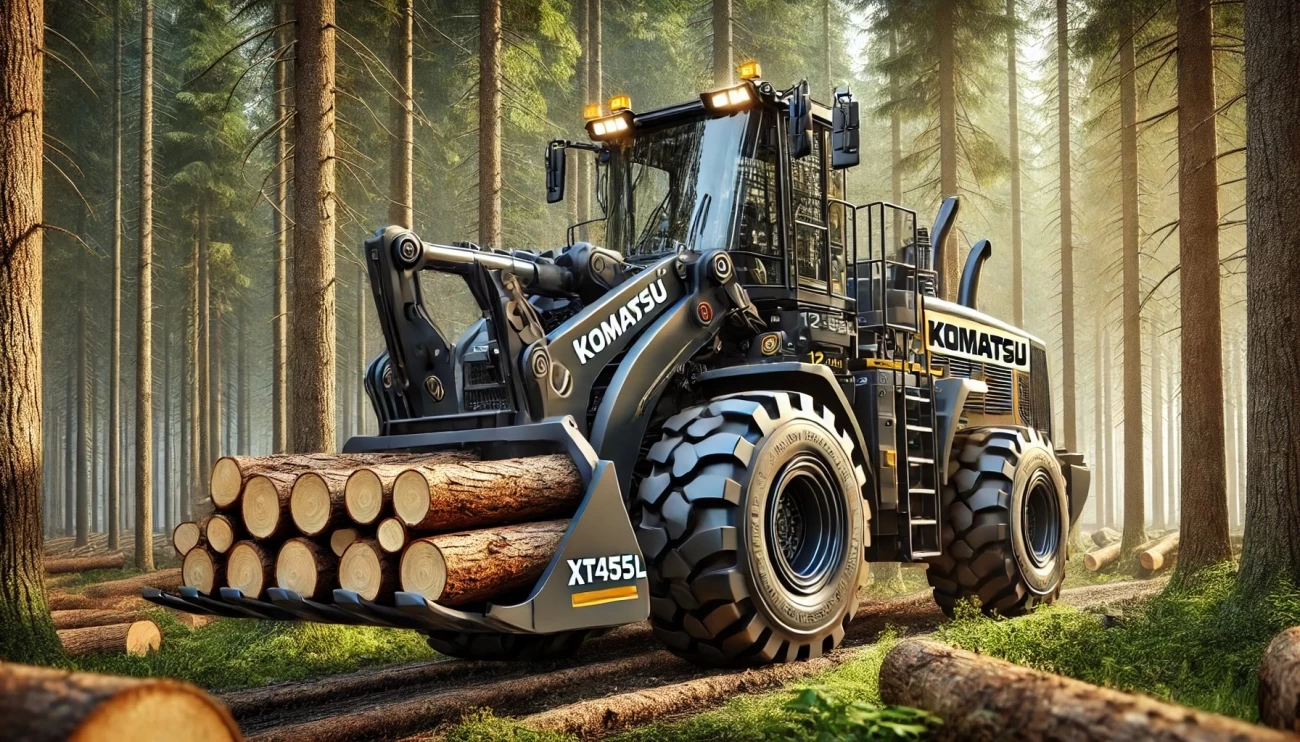 изображение модели Komatsu XT455L в лесной среде, подчеркивающее её мощность и передовые характеристики