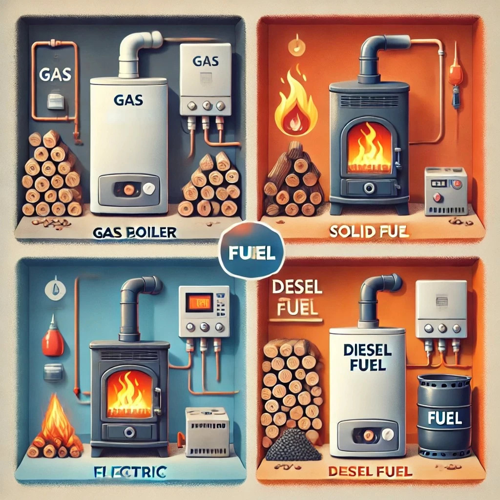 изображение, иллюстрирующее различные типы топлива для отопительных котлов. Оно наглядно демонстрирует газовый, твердотопливный, электрический и дизельный котлы с соответствующими источниками топлива.