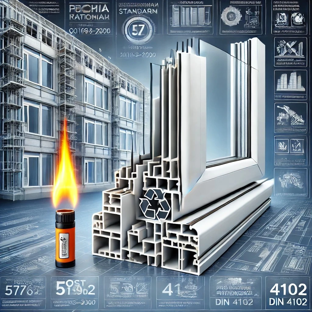 На изображении показаны профили ПВХ для окон и дверей, соответствующие стандарту ГОСТ Р 51696-2000. Они выделены на фоне современного строительного объекта, чтобы подчеркнуть их применение в реальной архитектуре. Дополнительно изображен небольшой тест на огнестойкость, который символизирует соответствие немецкому стандарту DIN 4102, подчеркивая безопасность использования этих материалов. Объединение этих элементов демонстрирует практичность и надежность ПВХ в строительных проектах.