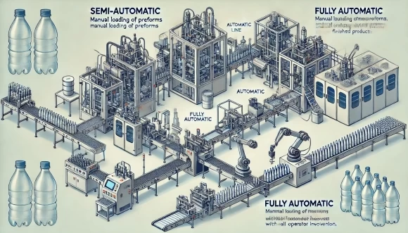 иллюстрация, показывающая оба типа оборудования для выдува ПЭТ: полуавтоматическая линия для небольших операций и полностью автоматизированная линия, предназначенная для крупномасштабного производства.