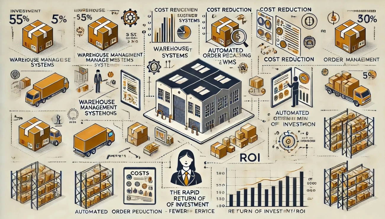 иллюстрация, иллюстрирующая распределение затрат и выгод от оптимизации и автоматизации склада, демонстрирующая ключевые элементы, такие как использование WMS, эффективность обработки заказов, экономия затрат и повышение рентабельности инвестиций.