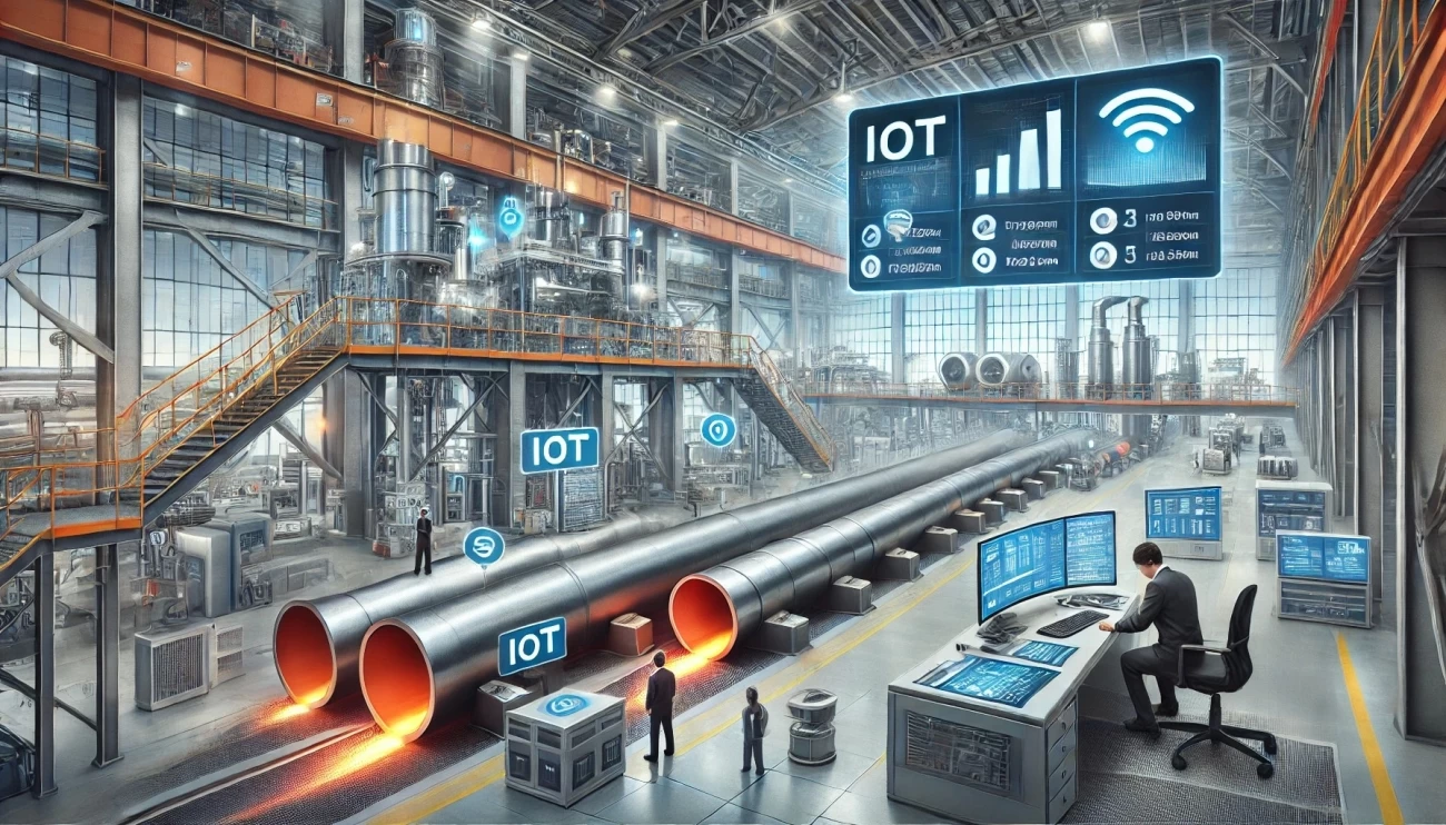 На изображении показан трубопрокатный завод с интегрированными IoT-сенсорами. Видно, как умные датчики размещены на разных этапах производственного процесса: в зоне нагрева сенсоры фиксируют температуру и отображают данные на цифровом экране, в секции прокатки сенсоры контролируют давление и скорость подачи металла, в зоне охлаждения осуществляется мониторинг равномерности охлаждения труб, а оптические сенсоры проверяют готовую продукцию на наличие дефектов поверхности. Общая атмосфера подчеркивает высокотехнологичность и автоматизацию производства, с современным оборудованием и системой управления, где данные обрабатываются и анализируются в реальном времени.