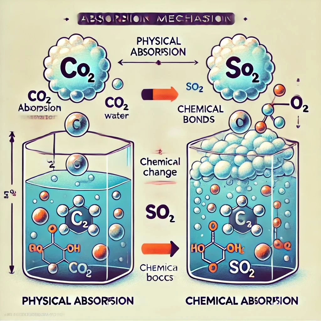 изображение, иллюстрирующее механизмы абсорбции, включая физическую (растворение CO₂ в воде) и химическую (реакция SO₂ с раствором щелочи).