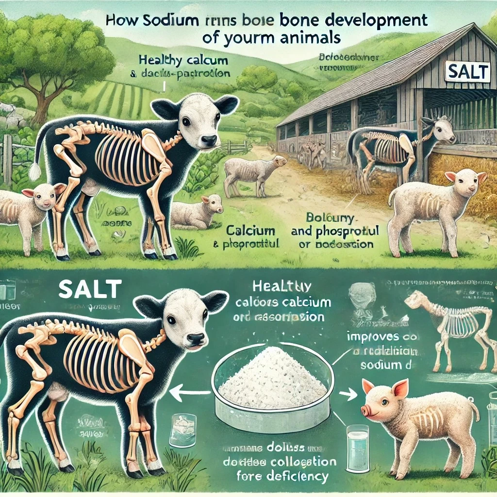 изображение, демонстрирующее влияние кормовой соли на развитие костной системы молодняка, с визуальными акцентами на важные механизмы и здоровое состояние костей.