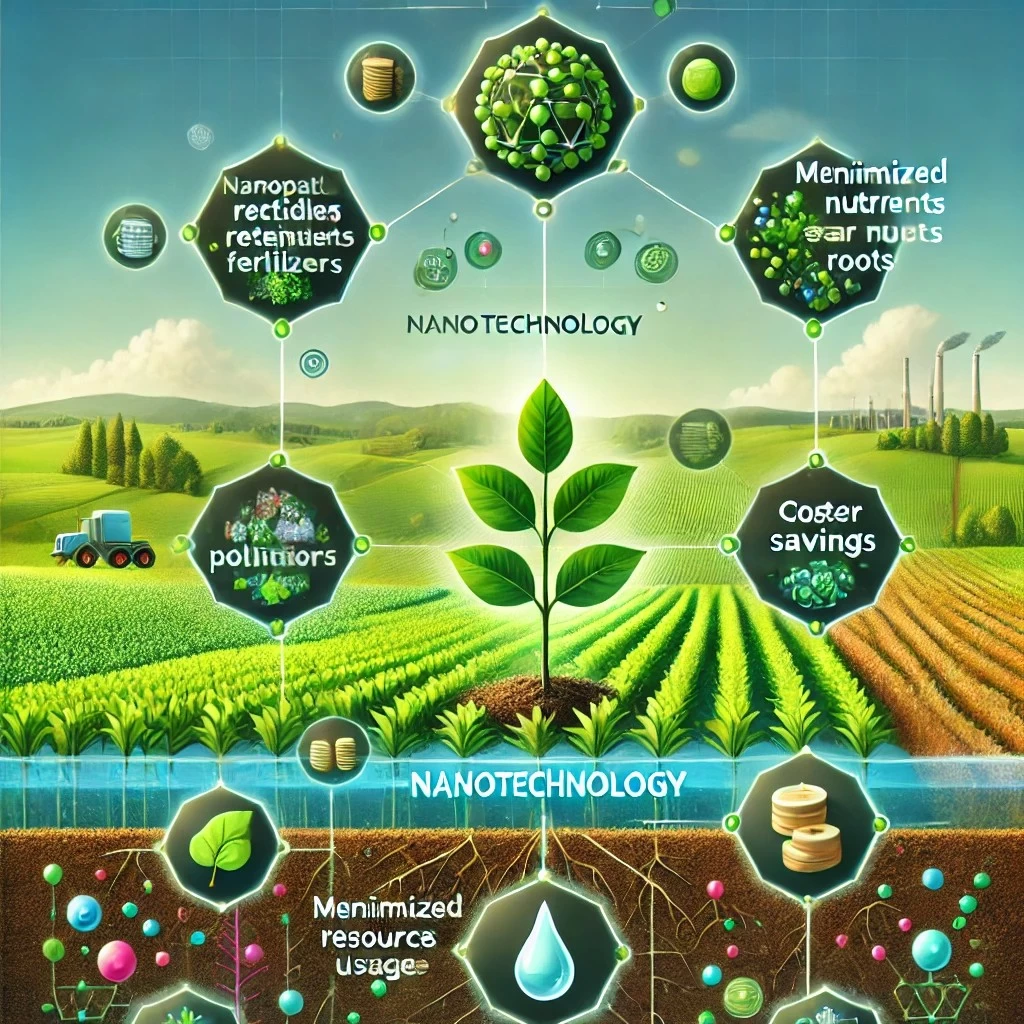 изображение, которое иллюстрирует преимущества использования нанотехнологий в удобрениях: снижение потерь питательных веществ, минимизация загрязнения, экономия ресурсов и улучшение здоровья почвы. 