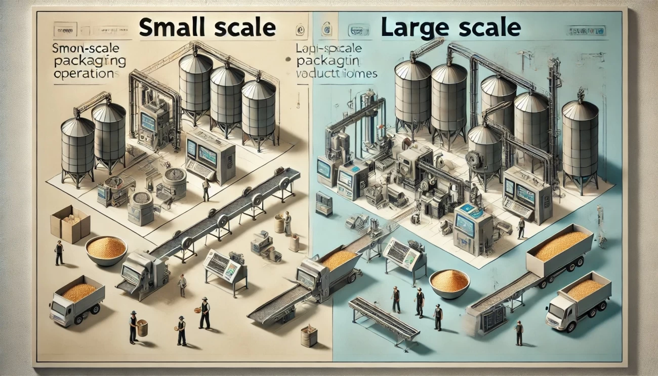 изображение, представляющее упаковочное оборудование для зерна, отражающее различия между малыми и крупными объемами производства. Слева показаны компактные ручные и полуавтоматические машины, а справа — автоматизированные линии для больших объемов.