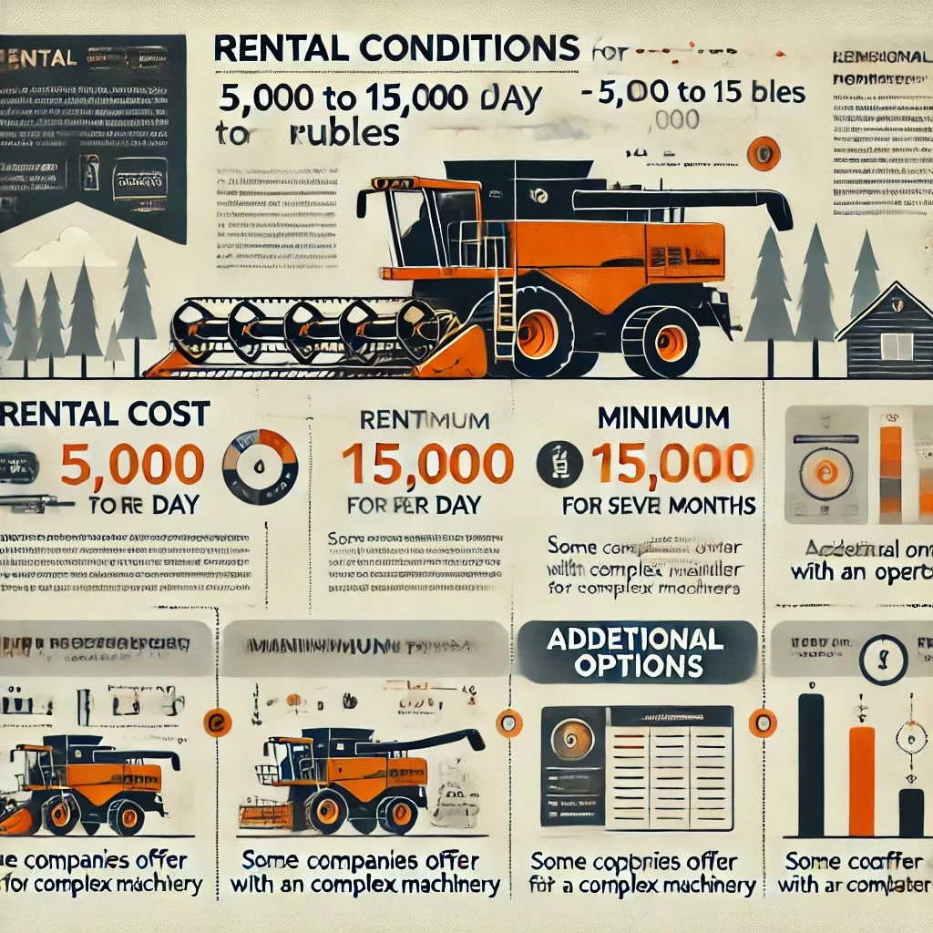 инфографика с условиями аренды лесозаготовительной техники. Она включает стоимость, минимальный срок аренды и доступные опции. 
