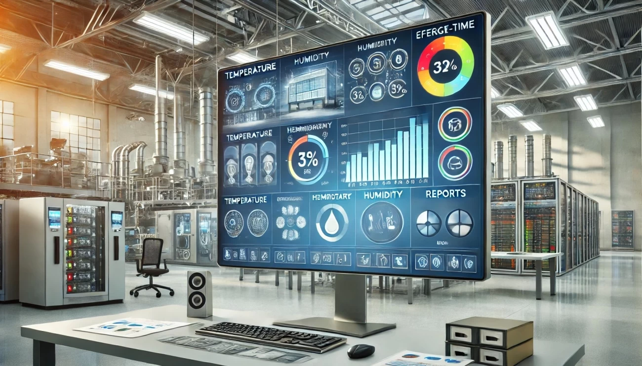 изображение для визуализации системы мониторинга и анализа эффективности! Оно демонстрирует современный контрольный пункт с мониторингом в реальном времени, включая графики температуры, влажности и уровня энергопотребления, а также фоновое оборудование для промышленного контекста. 