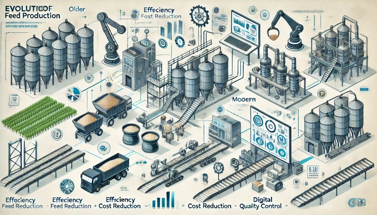 Изображение демонстрирует эволюцию производства кормов от ручных методов до современных автоматизированных и цифровых технологий, подчеркивая эффективность, снижение затрат и контроль качества. 