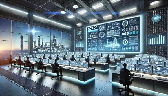 На изображении представлена сцена центра управления SCADA (Supervisory Control and Data Acquisition). Это современное помещение с операторами, работающими за продвинутыми рабочими станциями. На больших мониторах отображаются данные в реальном времени: динамические графики, системные диаграммы и предупреждения.