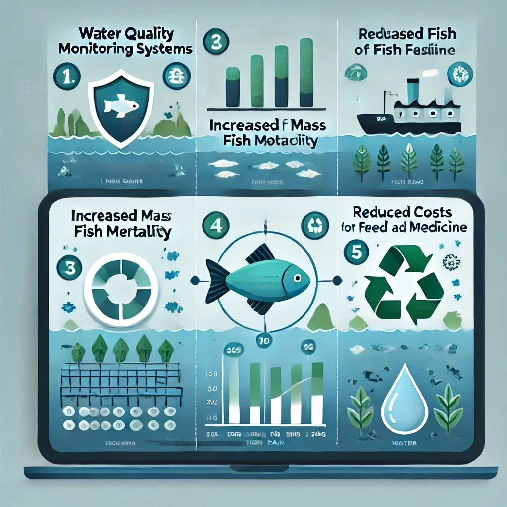 инфографика, иллюстрирующая преимущества систем мониторинга качества воды в рыбных хозяйствах. Она включает ключевые моменты, такие как снижение рисков массовой гибели рыбы, увеличение продуктивности, предотвращение заболеваний, снижение затрат и рациональное использование водных ресурсов.