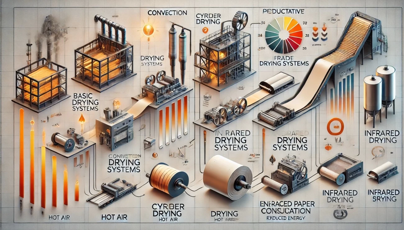 На изображении представлена инфографика, иллюстрирующая эволюцию сушильных систем для бумажной промышленности. 