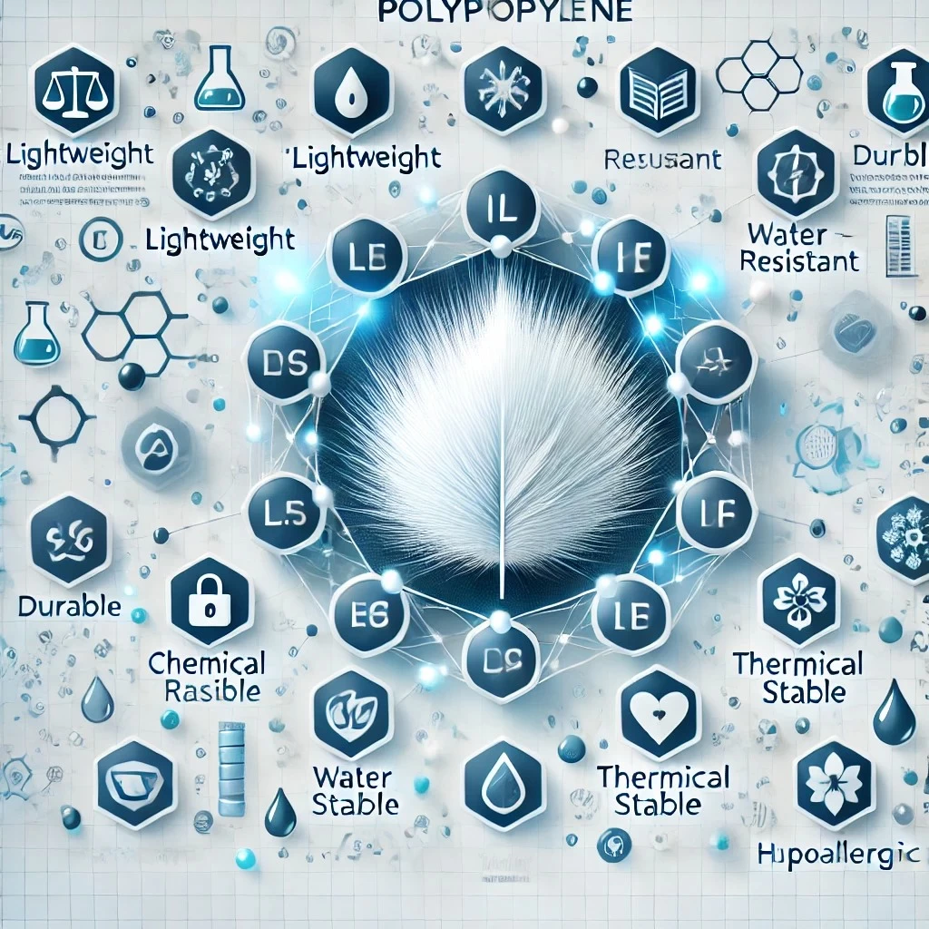 На изображении представлен инфографический дизайн, демонстрирующий уникальные свойства полипропилена.