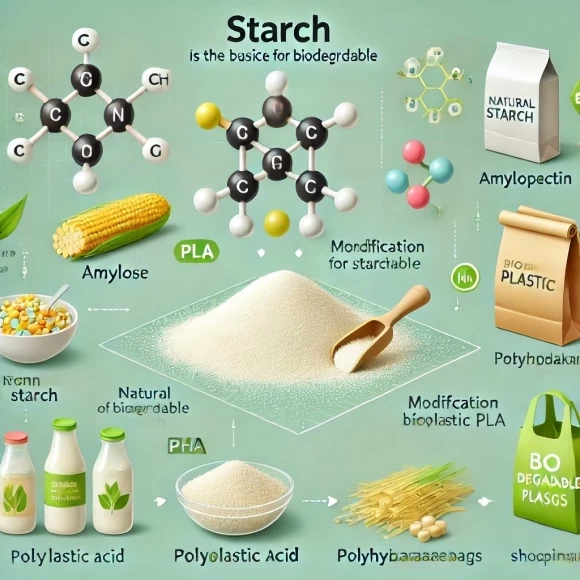 изображение, иллюстрирующее крахмал как основу для биоразлагаемых упаковок. Оно включает молекулярную структуру крахмала, примеры упаковочных материалов и процесс модификации с помощью биополимеров