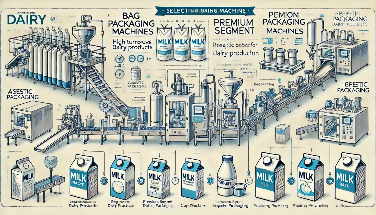 инфографическое изображение по выбору правильной упаковочной машины для молочной продукции, показывающее различия между машинами для упаковки в пакеты с высокой оборачиваемостью, премиальными линиями розлива и асептических линий, а также порционной упаковкой для отдельных порций