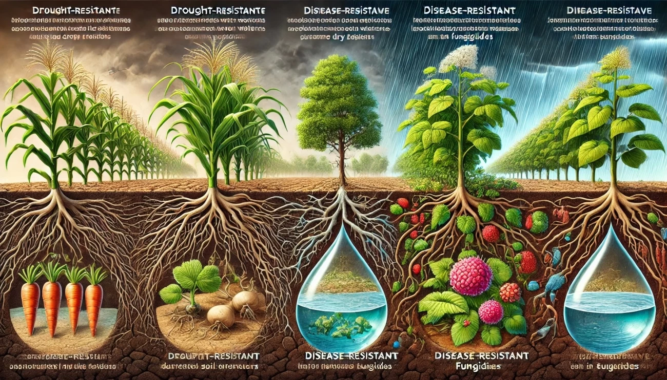 Изображение, демонстрирующее использование сортов растений, устойчивых к засухе и болезням, как стратегию для минимизации потерь урожая. Слева показаны засухоустойчивые сорта с глубокими корнями, а справа — сорта, устойчивые к болезням в условиях повышенной влажности.