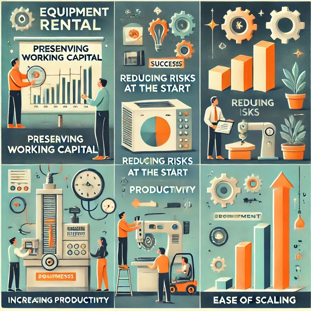 Изображение иллюстрирует ключевые преимущества аренды оборудования для малого бизнеса, такие как сохранение капитала, снижение рисков, повышение производительности и удобство масштабирования