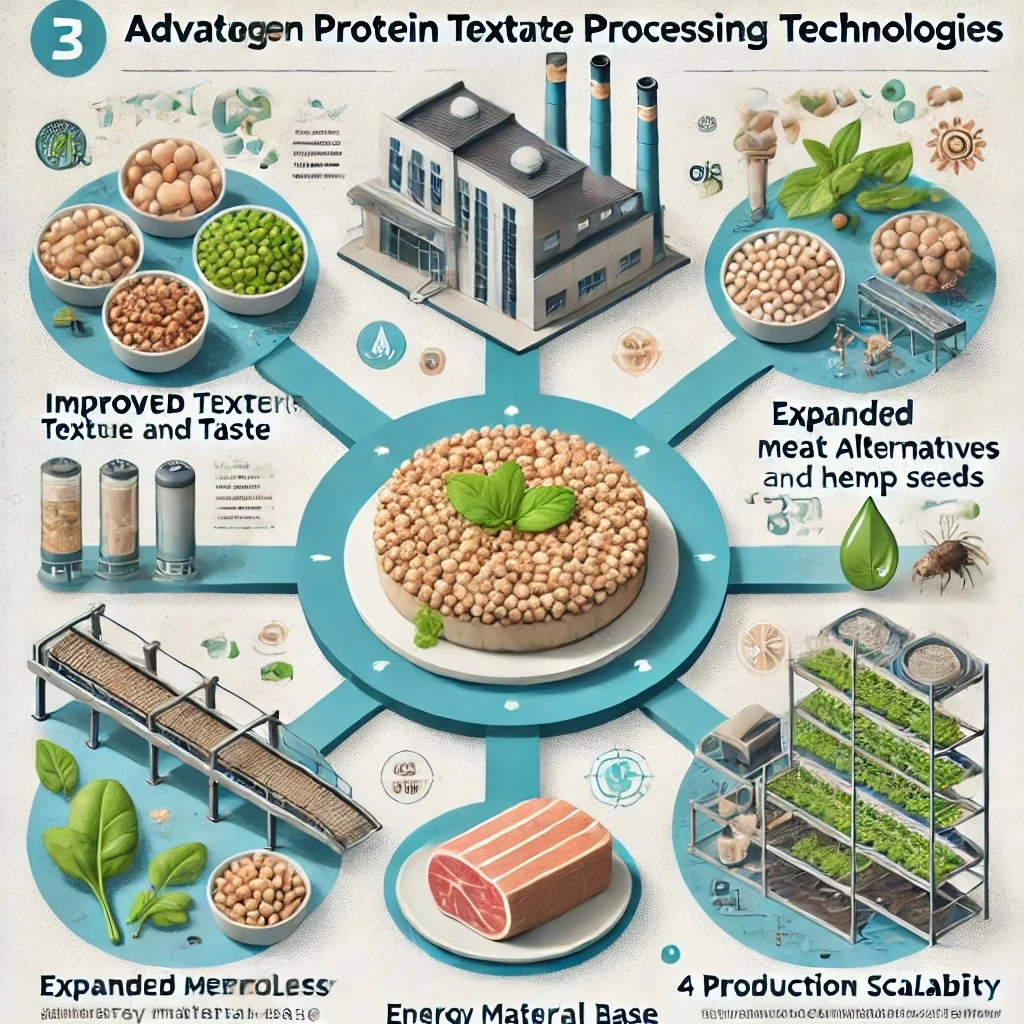 На изображении представлен инфографический стиль, который иллюстрирует преимущества современных технологий переработки белковых текстуратов